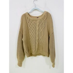 Free People Dream Cable Knit Sweater M Beige Oversized Relaxed‎ Fisherman Boho